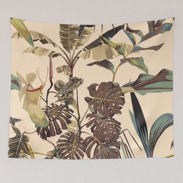 Item preview, Tropical botanical landscape, palm tree, banana tree, exotic flowers, bird, plant floral  border background. designed and sold by MatyKotiv.