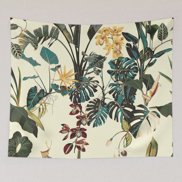 Item preview, Tropical botanical landscape, palm tree, banana tree, exotic flowers, bird, plant floral  border background. designed and sold by MatyKotiv.