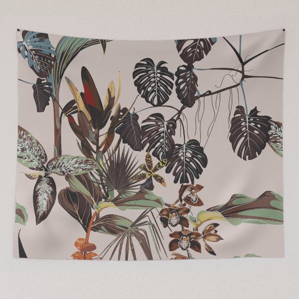 Item preview, Tropical botanical landscape, palm tree, monstera, exotic flowers, bird, plant floral  border background. designed and sold by MatyKotiv.