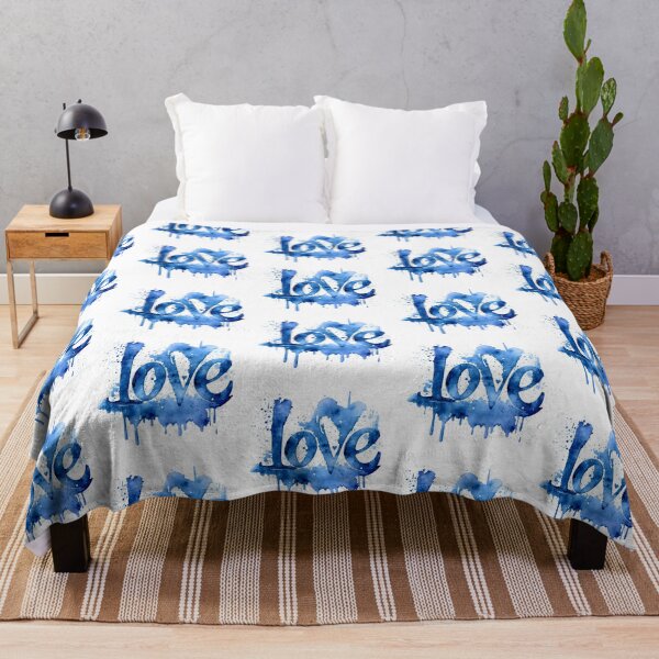Love - Blue Lettering Aquarellfarben Design Fleecedecke