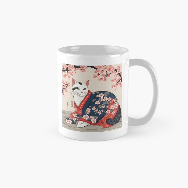 Item preview, aesthetic white  cat in kimono with cherry blossoms designed and sold by Catophile.