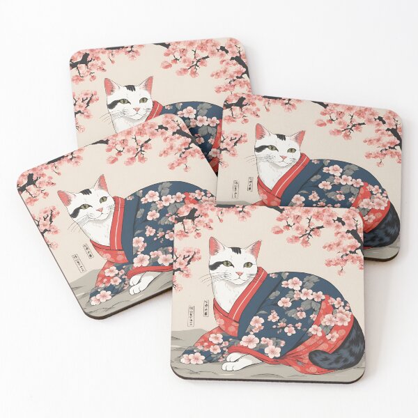 Item preview, aesthetic white  cat in kimono with cherry blossoms designed and sold by Catophile.