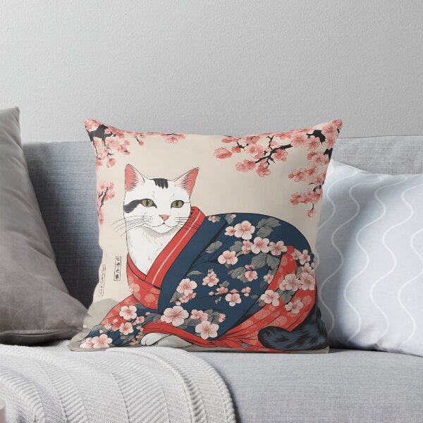 Item preview, aesthetic white  cat in kimono with cherry blossoms designed and sold by Catophile.