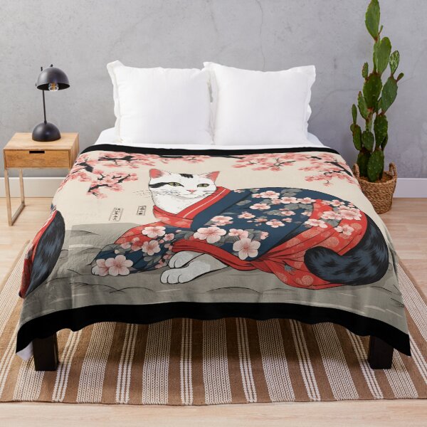 Item preview, aesthetic white cat in kimono with cherry blossoms designed and sold by Catophile.