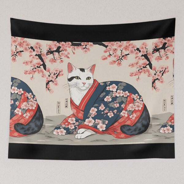 Item preview, aesthetic white  cat in kimono with cherry blossoms designed and sold by Catophile.