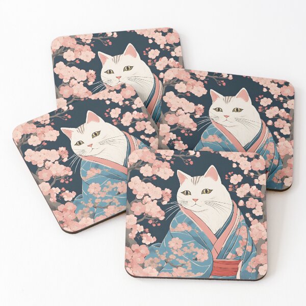 Item preview,  aesthetic white cat in kimono with cherry blossoms designed and sold by Catophile.