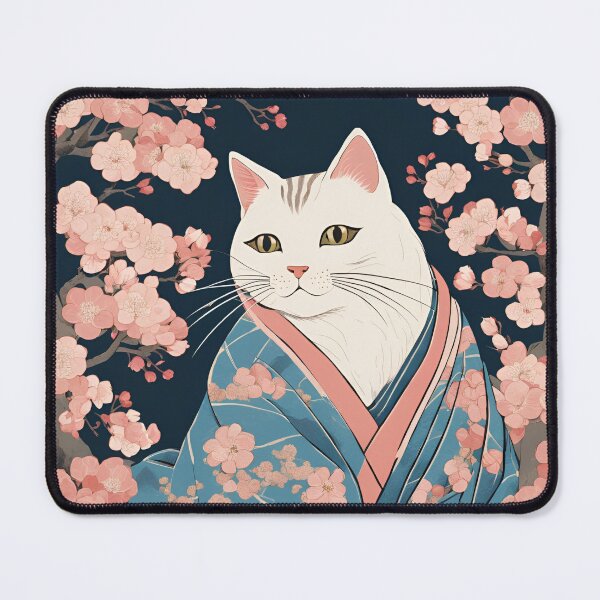 Item preview, aesthetic white cat in kimono with cherry blossoms designed and sold by Catophile.