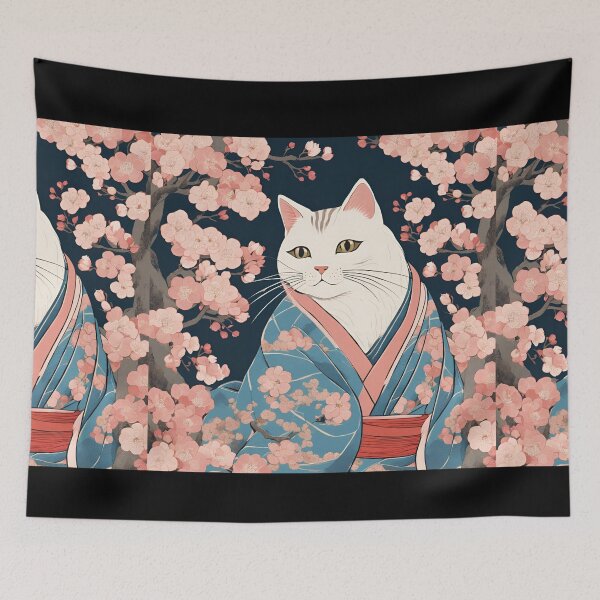 Item preview,  aesthetic white cat in kimono with cherry blossoms designed and sold by Catophile.