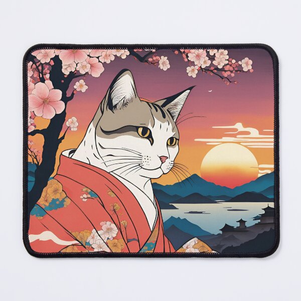 Item preview, aesthetic gray tabby cat in kimono with cherry blossoms designed and sold by Catophile.