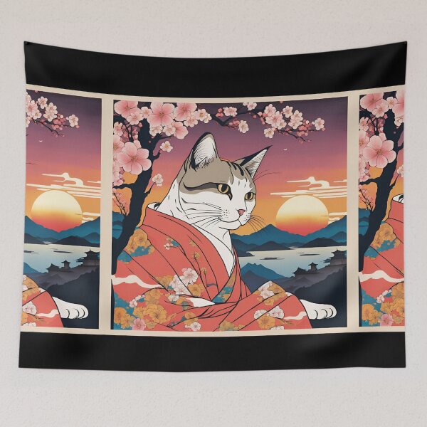 Item preview,  aesthetic gray tabby cat in kimono with cherry blossoms designed and sold by Catophile.