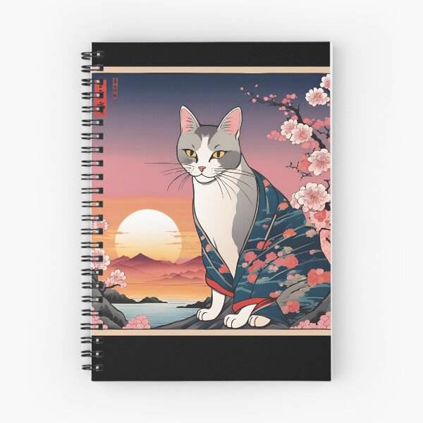 Item preview, aesthetic gray tabby cat in kimono with cherry blossoms designed and sold by Catophile.