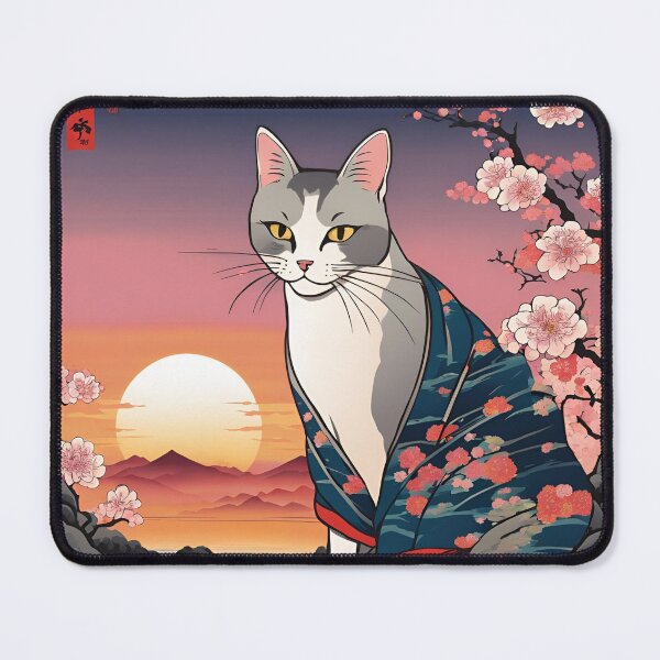 Item preview, aesthetic gray tabby cat in kimono with cherry blossoms designed and sold by Catophile.