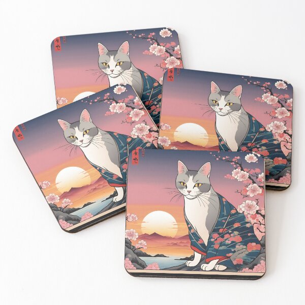 Item preview, aesthetic gray tabby cat in kimono with cherry blossoms designed and sold by Catophile.