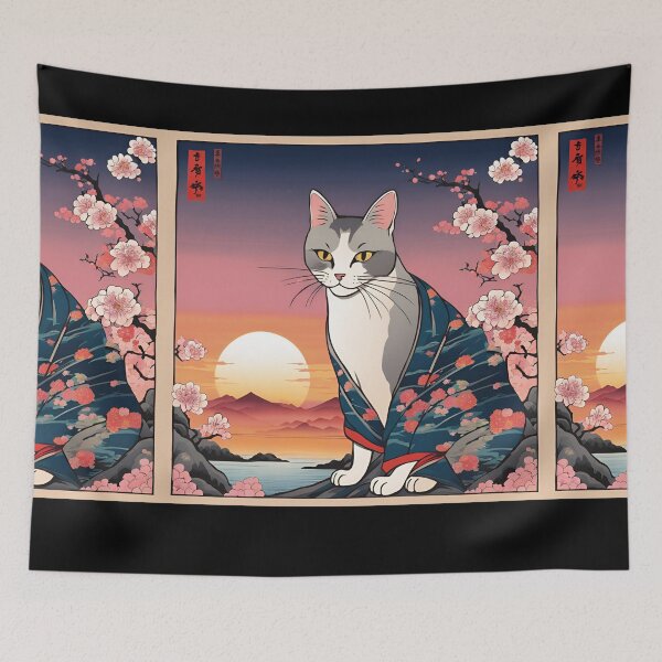 Item preview, aesthetic gray tabby cat in kimono with cherry blossoms designed and sold by Catophile.