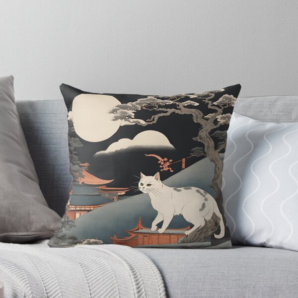 Item preview, Ghostly Nekomata – A supernatural two-tailed cat with glowing eyes haunting a moonlit shrine. designed and sold by Catophile.