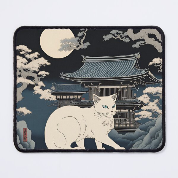 Item preview, Ghostly Nekomata – A supernatural two-tailed cat with glowing eyes haunting a moonlit shrine. designed and sold by Catophile.