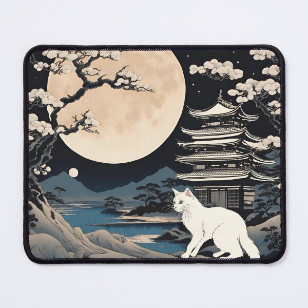 Item preview, Ghostly Nekomata – A supernatural two-tailed cat with glowing eyes haunting a moonlit shrine. designed and sold by Catophile.