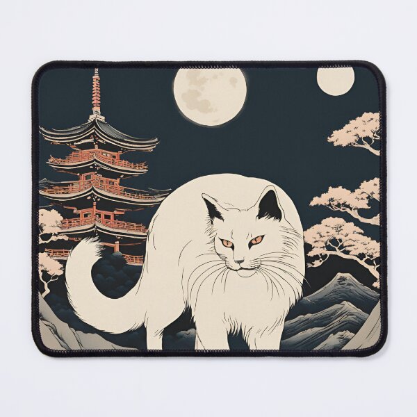 Item preview, Ghostly Nekomata – A supernatural two-tailed cat with glowing eyes haunting a moonlit shrine. designed and sold by Catophile.