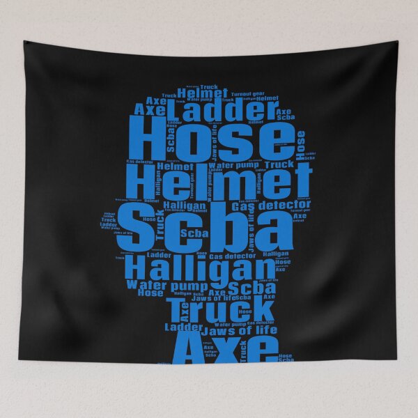 Item preview, A blue word cloud with the names of firefighting equipment for a firefighter designed and sold by TymekStore.