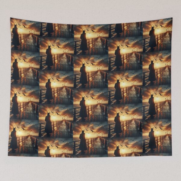 Item preview, mysterious creature watching the sunset from the pier designed and sold by Dogandesighn.