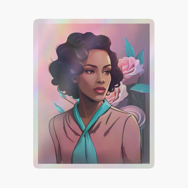 Glam WomanTeal Scarf w/ Pink Blouse Rose Background Holographic Sticker