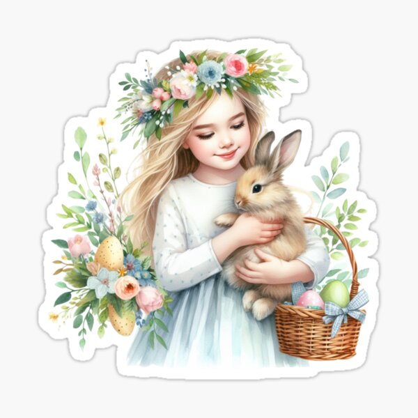 Item preview, Cute Girl with Bunny and Easter Basket - Floral Style designed and sold by lojadpop.