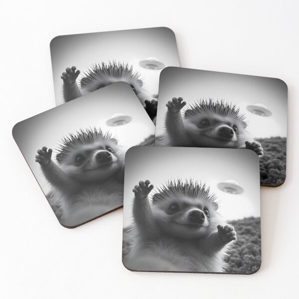 Item preview, Hedgehog vs UFO: Tiny Hero Standoff – Whimsical B&W Alien Art designed and sold by WAUZ.