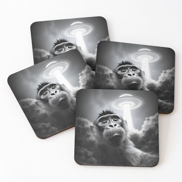 Item preview, Wide-Eyed Monkey & UFO Selfie - Quirky B&W Alien Encounter Poster designed and sold by WAUZ.