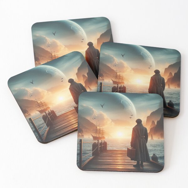 Item preview, Mysterious man watching the sunset from the pier designed and sold by Dogandesighn.