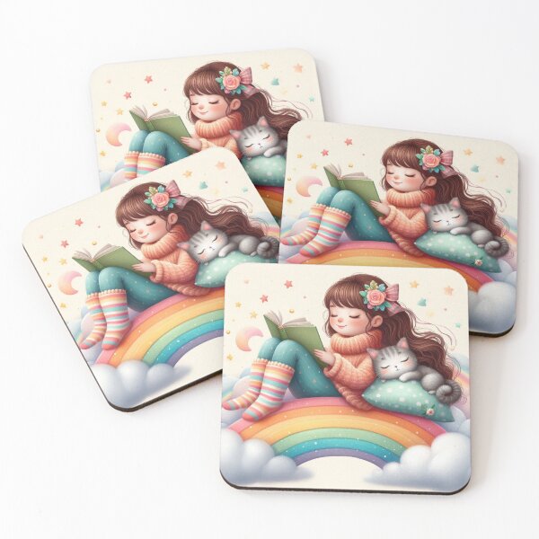 Item preview, Girl reading a book on a rainbow snuggling kitty designed and sold by Sparkle Panda.