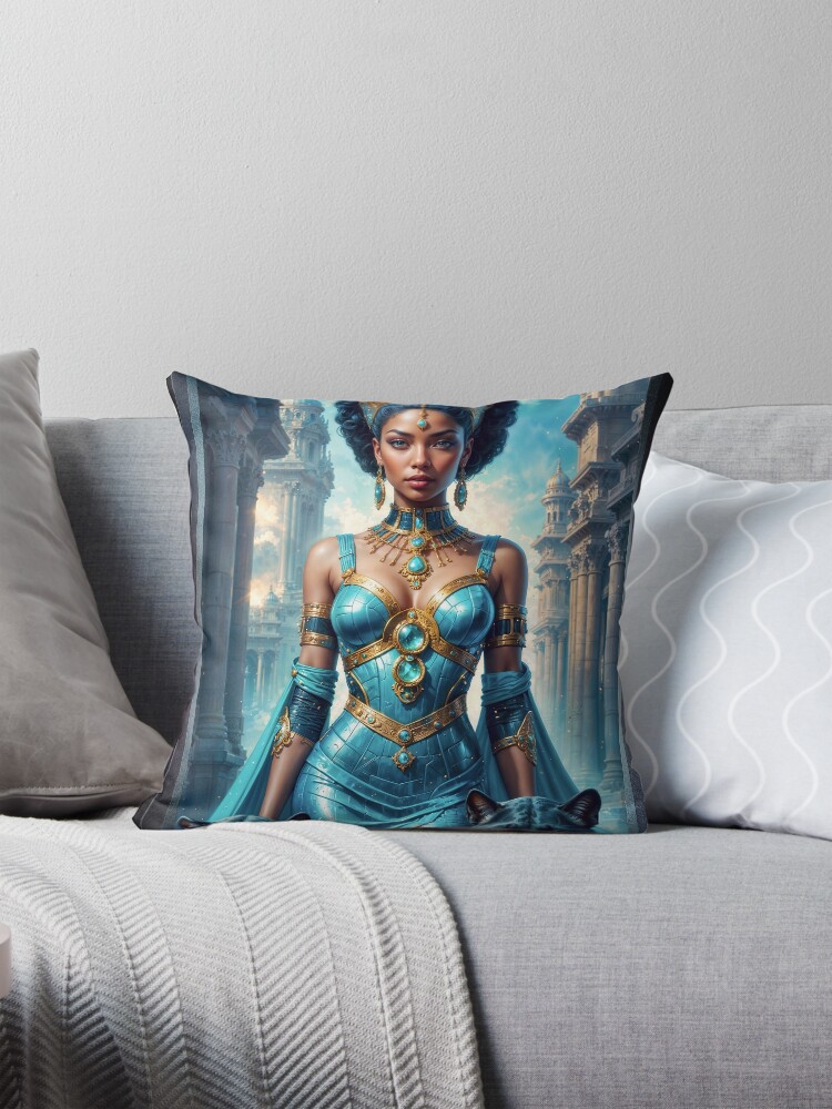 Enigmatic Portrait Of Empress Elaria With Her Panthers Amidst Ancient Architecture Striking AI Concept Art by Xzendor7 Decorative Art Print Throw Pillow