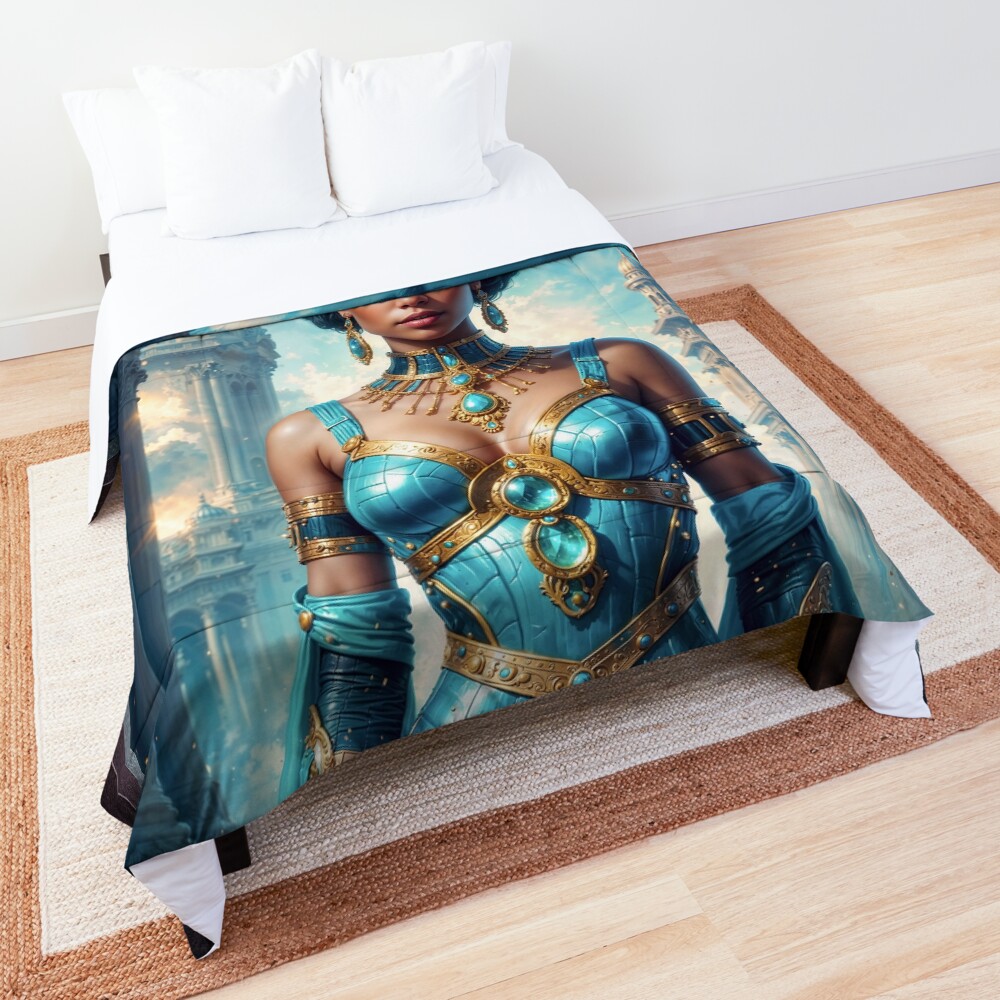 Enigmatic Portrait Of Empress Elaria With Her Panthers Amidst Ancient Architecture Striking AI Concept Art by Xzendor7 Decorative Art Print Comforter