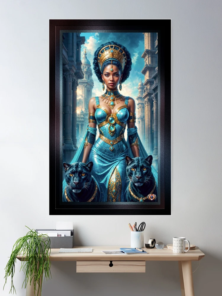 Enigmatic Portrait Of Empress Elaria With Her Panthers Amidst Ancient Architecture Striking AI Concept Art by Xzendor7 Room Decor Poster Art Print