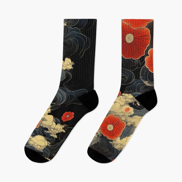 Aperçu de l'œuvre Vague traditionnelle japonaise avec des fleurs rouges créée et vendue par MysticArtisan.