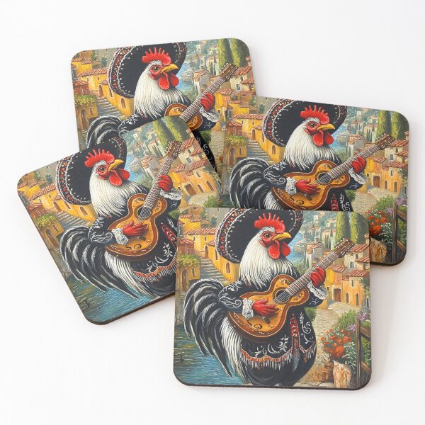 Item preview, Colorful rooster playing guitar in a vibrant village scene designed and sold by Artessie.