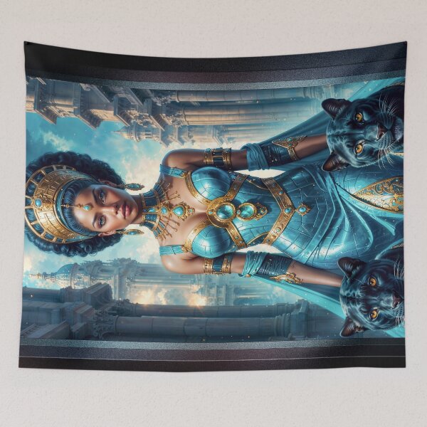 Item preview, Enigmatic Portrait Of Empress Elaria With Her Panthers Amidst Ancient Architecture Striking AI Concept Art by Xzendor7 designed and sold by Xzendor7 Digital Art Creations.