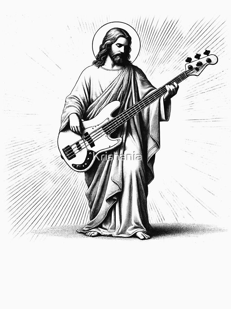 Thumbnail 7 of 7, Essential T-Shirt, Jesus Playing Bass Guitar Guitarist Christian Vintage Rocker Rock designed and sold by Krishania.
