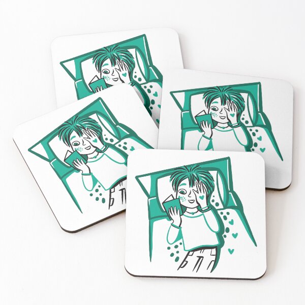 Item preview, Girl with short hair, reading a greeting card on her bed. designed and sold by jasmineberry.