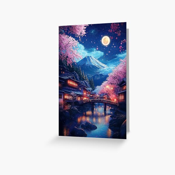 Item preview, Oriental river at night with village houses - Japanese art designed and sold by TheArtistOf2022.