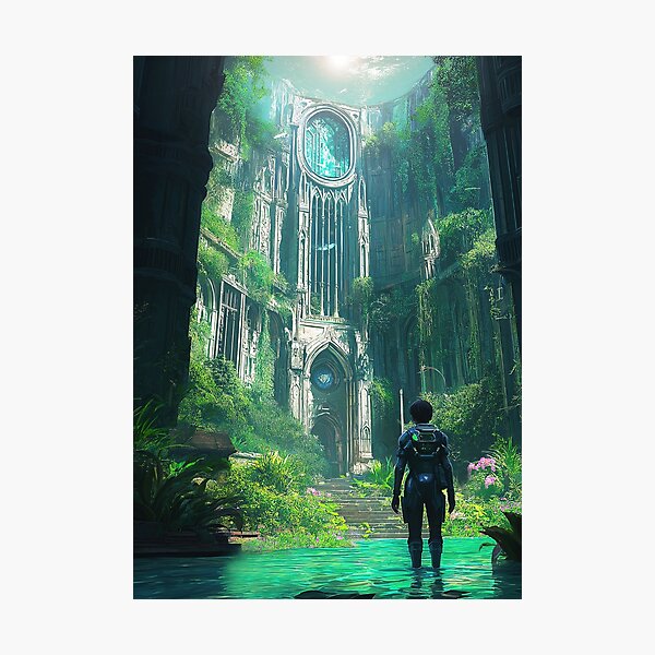 Item preview, Futuristic voyager infront of sci fi temple in river designed and sold by TheArtistOf2022.