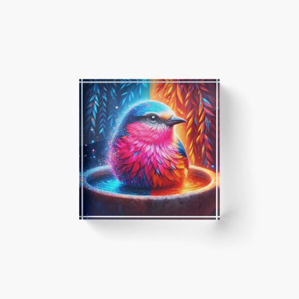 Item preview, Fantasy little bird in bath bowl with divided trees background blue and red orange sparkling animal digitalaart	 designed and sold by EmeraldeaArt.
