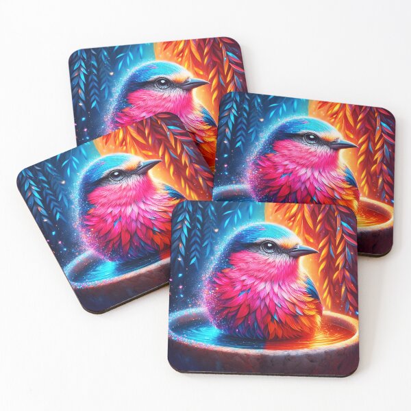Item preview, Fantasy little bird in bath bowl with divided trees background blue and red orange sparkling animal digitalaart	 designed and sold by EmeraldeaArt.