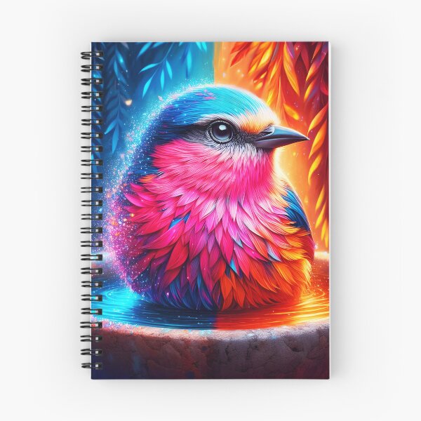 Item preview, Fantasy little bird in bath bowl with divided trees background blue and red orange sparkling animal digitalaart	 designed and sold by EmeraldeaArt.