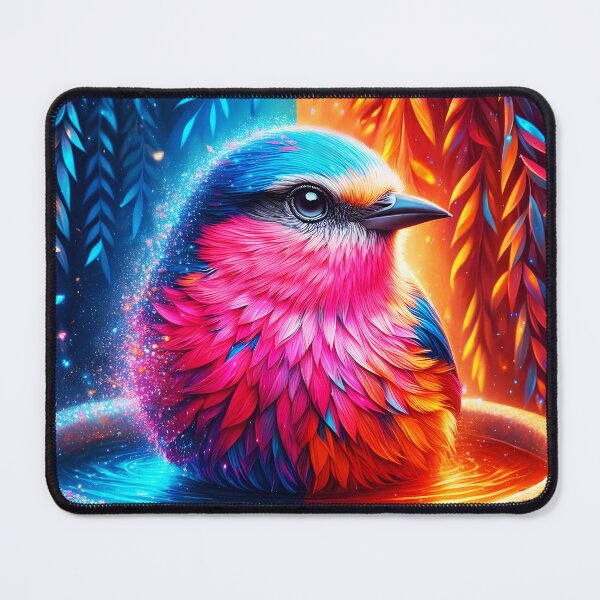 Item preview, Fantasy little bird in bath bowl with divided trees background blue and red orange sparkling animal digitalaart designed and sold by EmeraldeaArt.