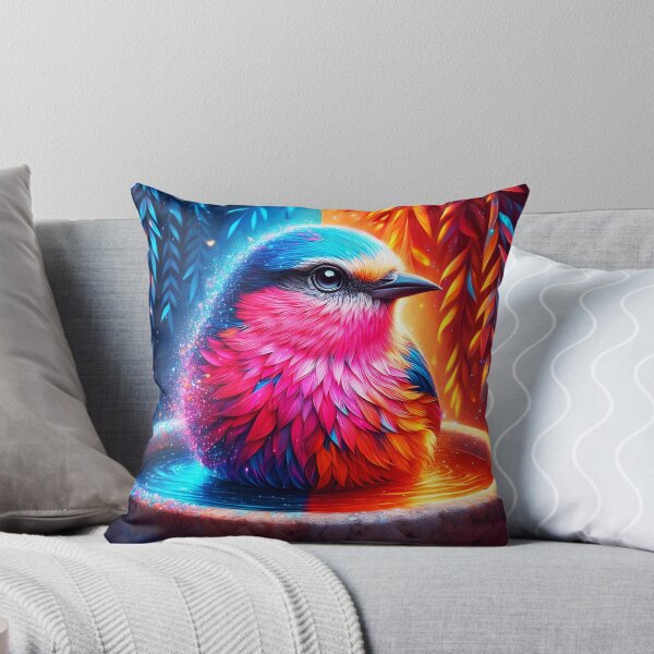 Item preview, Fantasy little bird in bath bowl with divided trees background blue and red orange sparkling animal digitalaart	 designed and sold by EmeraldeaArt.