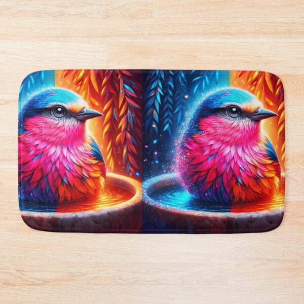Item preview, Fantasy little bird in bath bowl with divided trees background blue and red orange sparkling animal digitalaart	 designed and sold by EmeraldeaArt.