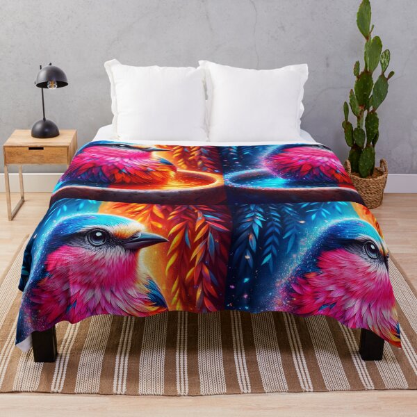 Item preview, Fantasy little bird in bath bowl with divided trees background blue and red orange sparkling animal digitalaart	 designed and sold by EmeraldeaArt.