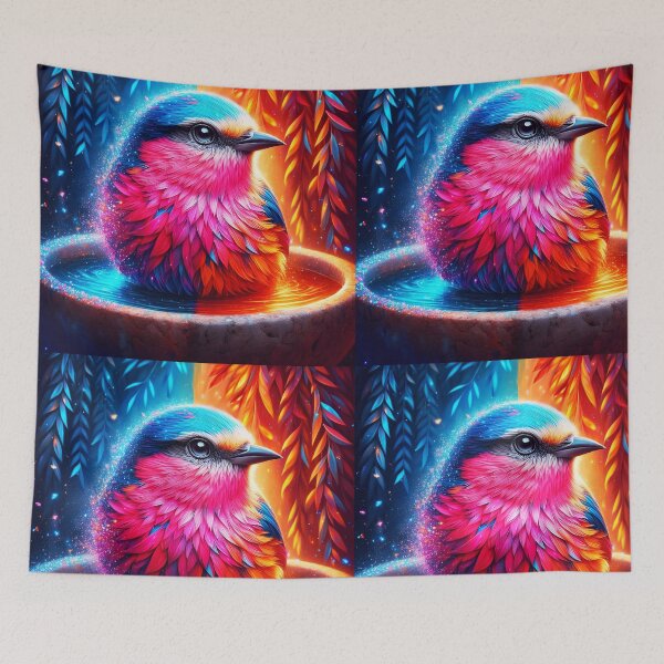 Item preview, Fantasy little bird in bath bowl with divided trees background blue and red orange sparkling animal digitalaart	 designed and sold by EmeraldeaArt.