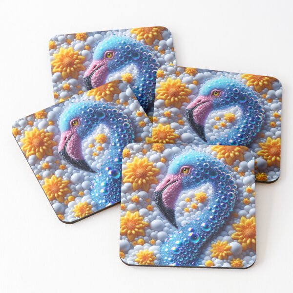 Item preview, Blue teal bubble flamingo on white bubbles and yellow flowers designed and sold by EmeraldeaArt.