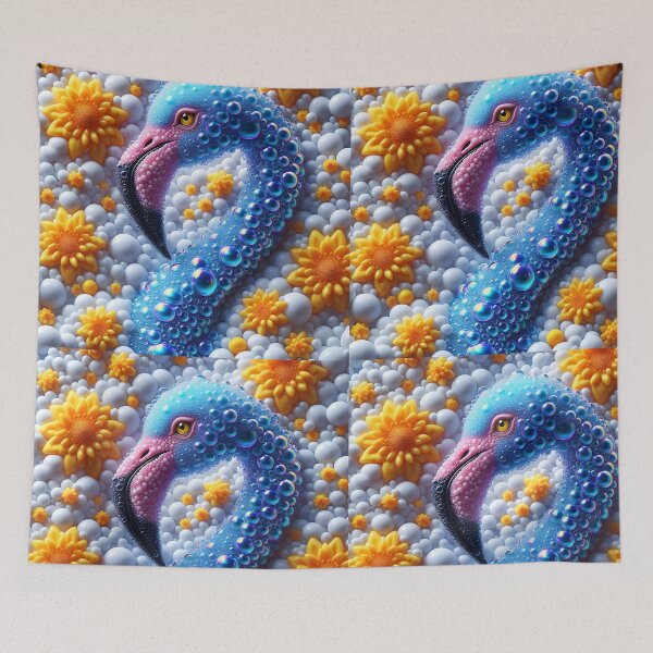 Item preview, Blue teal bubble flamingo on white bubbles and yellow flowers designed and sold by EmeraldeaArt.